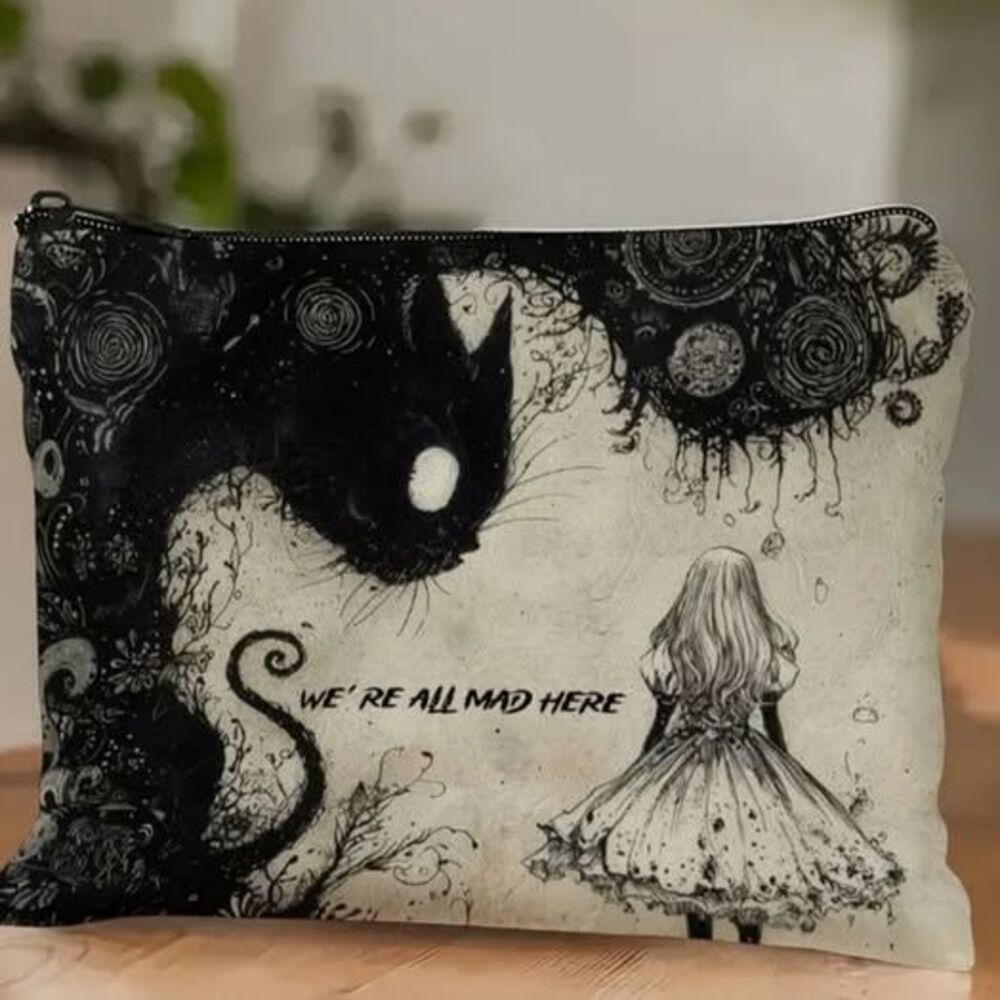 NEW Alice In Wonderland WE'RE ALL MAD HERE Cat Alice Cosmetic Makeup Bag